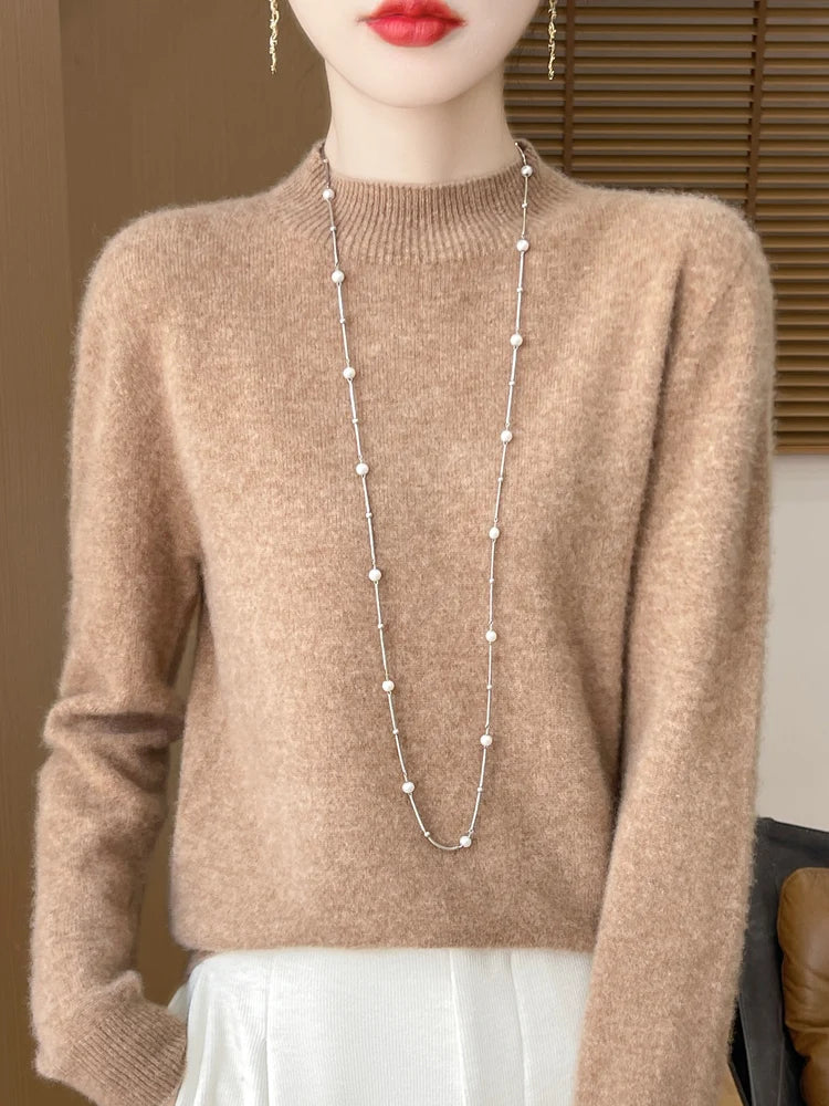 Women's Elegant Basic Style Pullover 100% Merino Wool Knitwear Autumn Winter Warm Solid Casual Loose Exquisite Clothing Tops