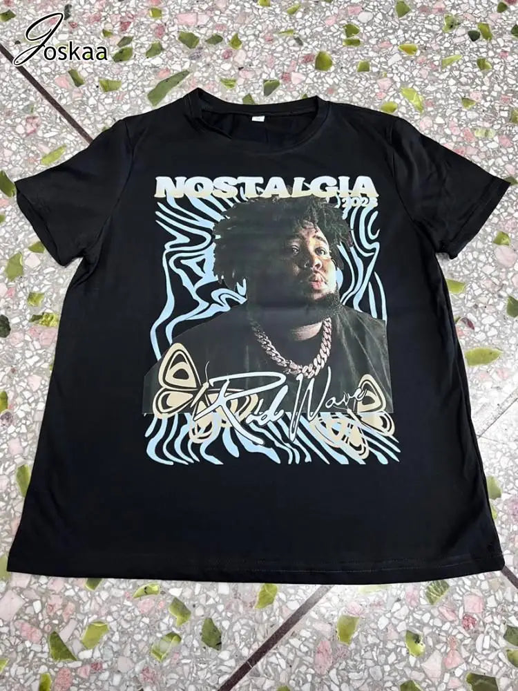 Joskaa Portrait Printing Y2K T Shirts Women Hipster O-Neck Short Sleeve Black Tops 2025 Summer Graphic Tees Harajuku Streetwear