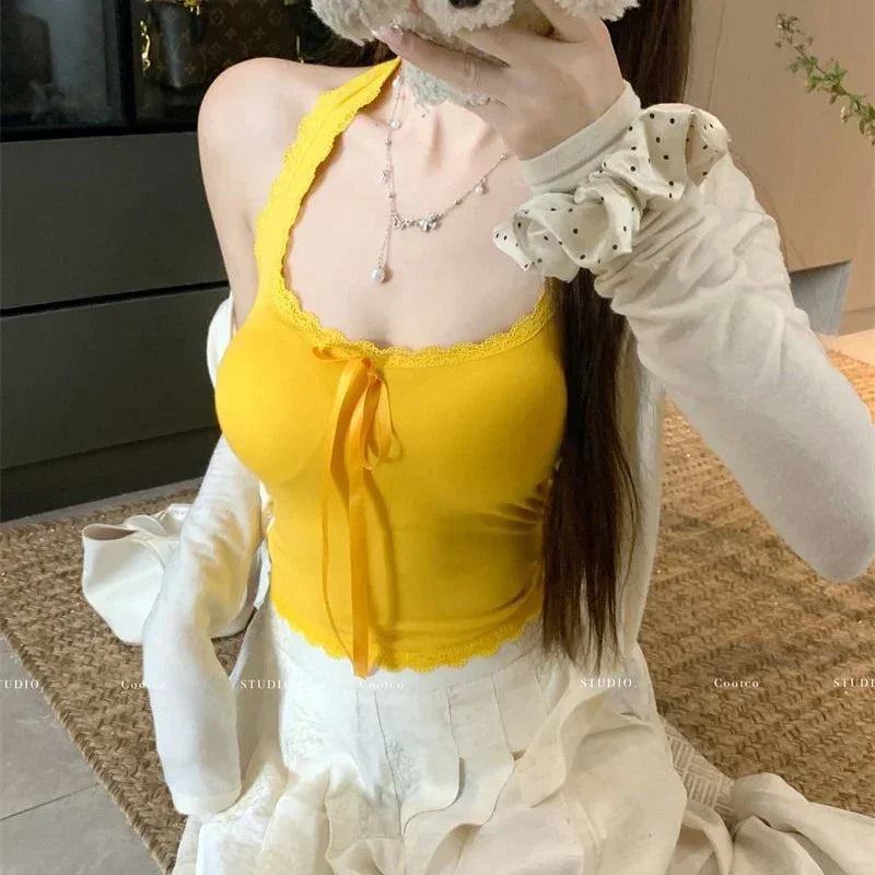 2025 Summer Women T-Shirts Sexy U-neck Halter T-Shirts Female Solid Lace Underwear Tops Girls Fashion Bowknots Slip Vest Clothes
