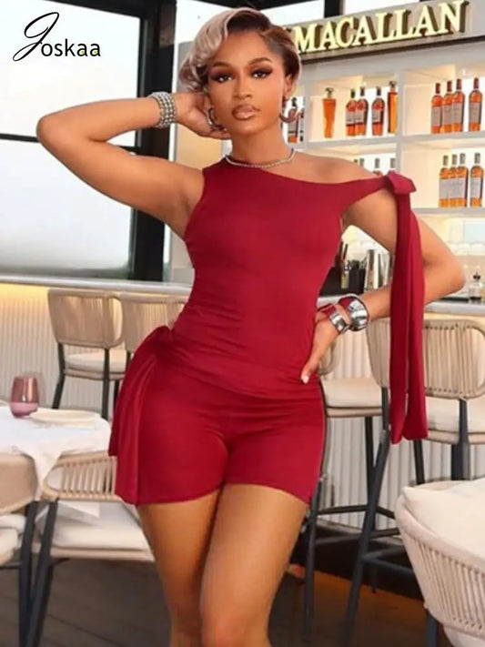 Joskaa Women's 2025 Summer Solid Two Piece Set Sexy Asymmetric Sleeveless Top and Bandage Shorts Matching Tracksuits Streetwear
