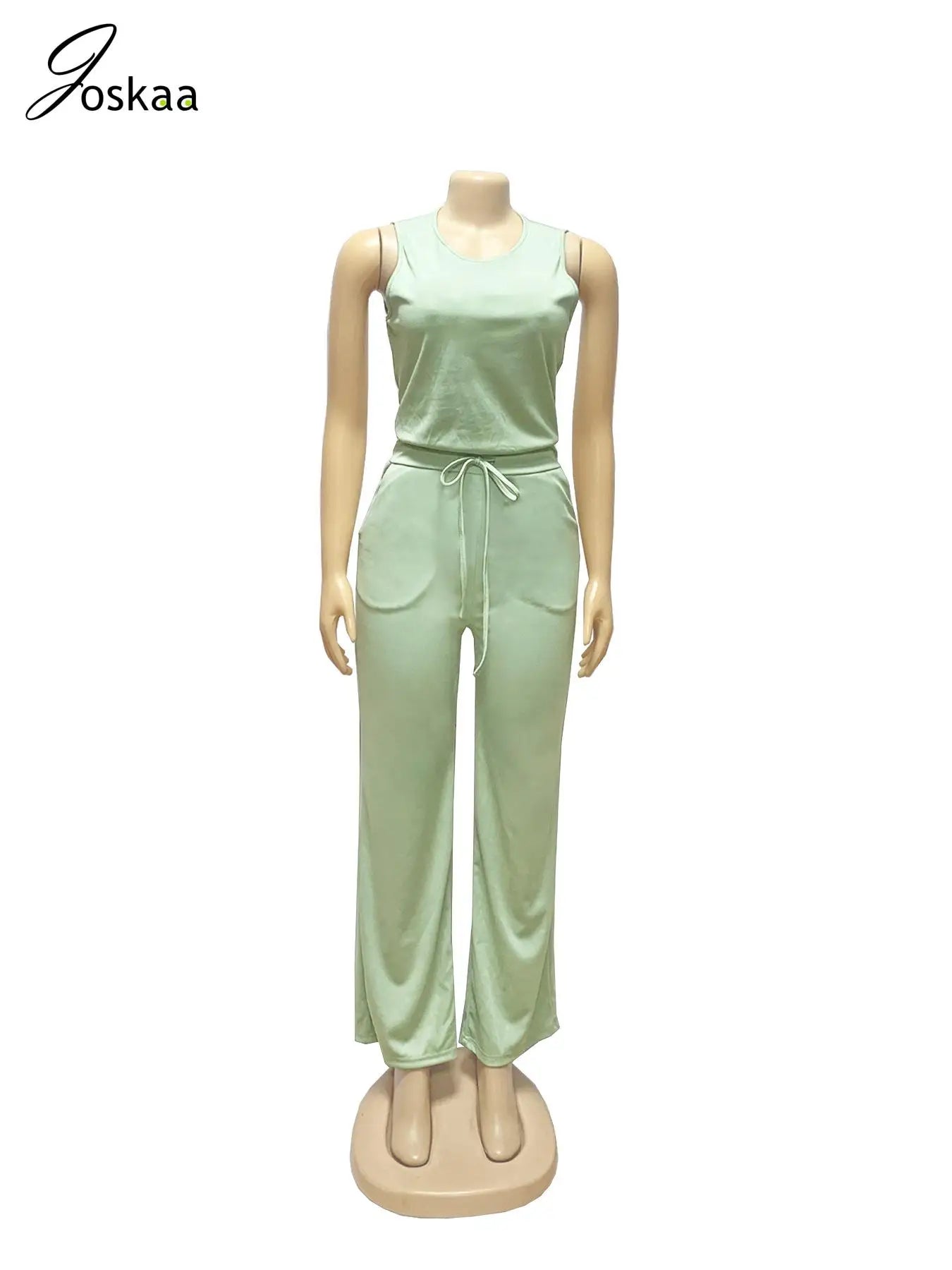 Joskaa 2025 Summer Women's Casual O-Neck Sleeveless Bandage Back Zip Bodycon Commuting Jumpsuit Holiday Vintage Streetwear S-XXL