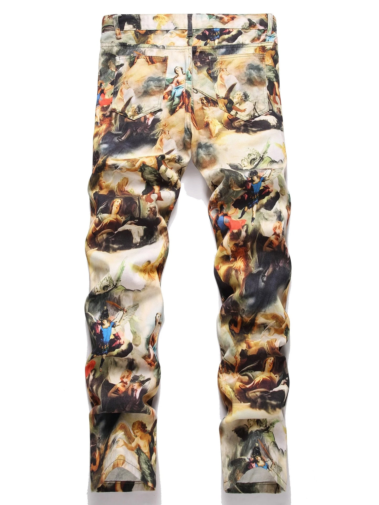 Men's creative oil painting printed jeans, European retro denim straight leg pants