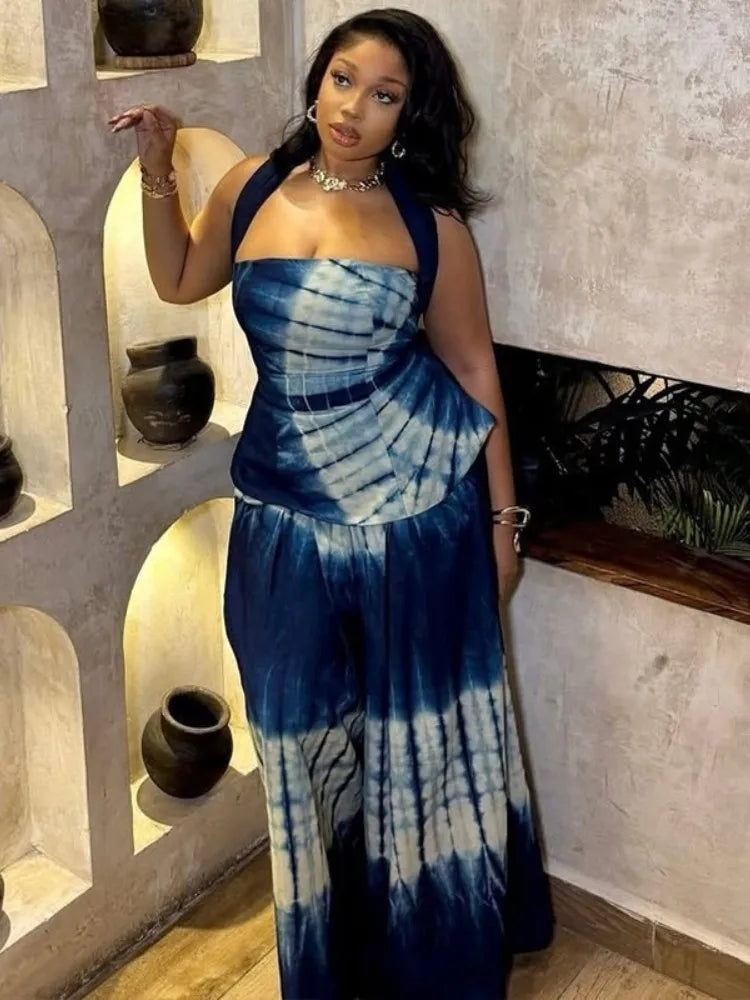 Joskaa Aesthetic Print 2 Piece Sets Women Hipster Halter Tank Tops and Wide Leg Pants Matching 2025 Summer Holiday Beachwear