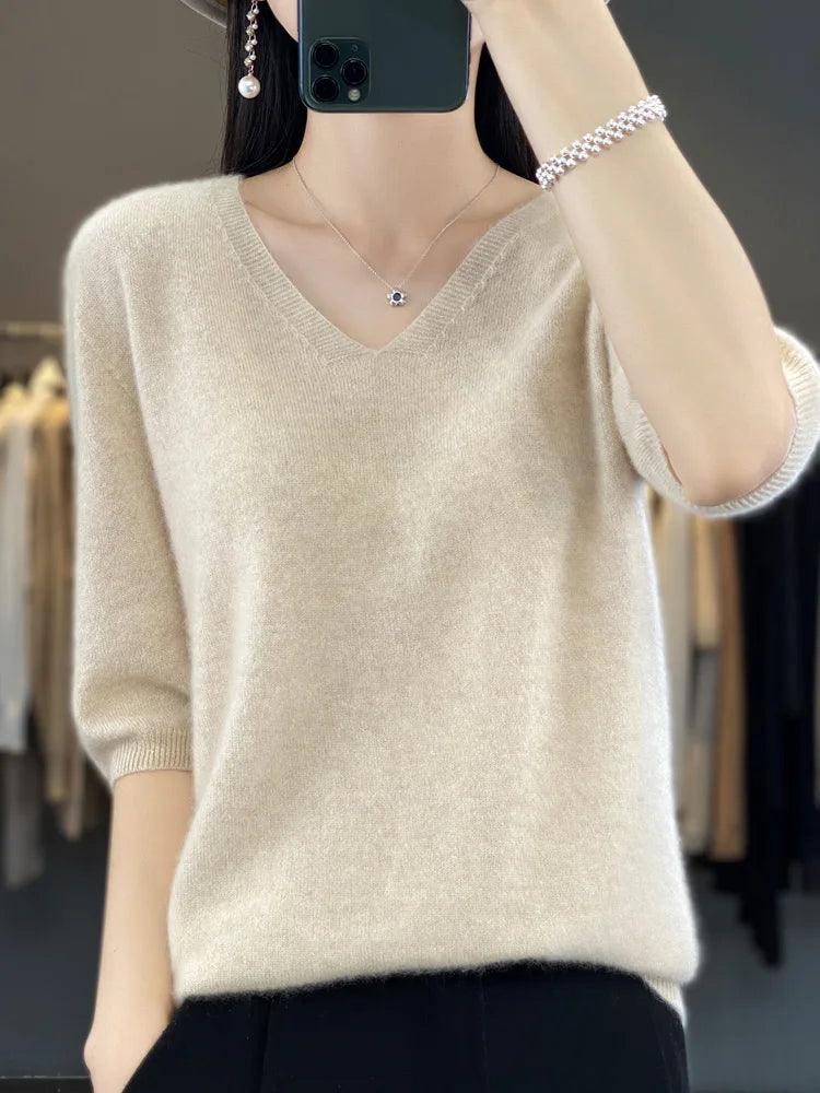 Women V-Neck 100% Merino Wool Cashmere T-shirt Half-Sleeve Pullover Sweater Spring Summer Knitwear Soft Fashion Comfortable Tops