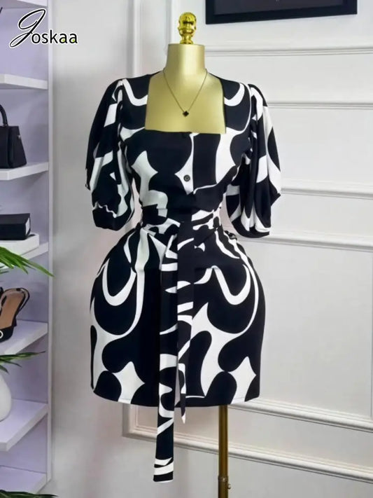 Joskaa 2025 Summer Women Print U-Neck Short Sleeve Single Breasted Bandage Body-Shaping Mini Dress Holiday Beach Party Clubwear