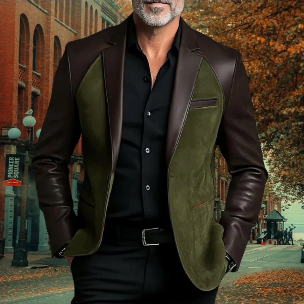 2025 NEW Leather Patchwork Velvet Men's Jacket Fashionable retro casual Brown Blazers man plus size custom suit Leather Coat