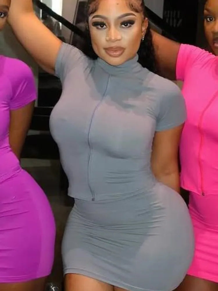 Joskaa Sporty Yoga 2 Piece Sets Women Casual Short Sleeve Zip Crop Tops and Mini Skirt Matching 2025 Summer Fitness Tracksuits