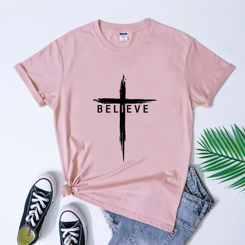Christian Cross T-Shirt for Women - Inspirational Jesus Christ Tee, Faith Verse Graphic Top, Religious Apparel