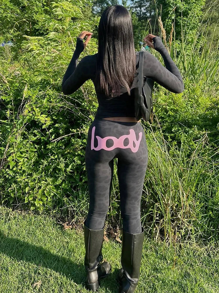 Sisterlinda Letter Print 2 Piece Set Women Zip Cardigan Hooded Crop Jacket+Skinny Leggings Hot Girls Wild Sporty Style Outfits