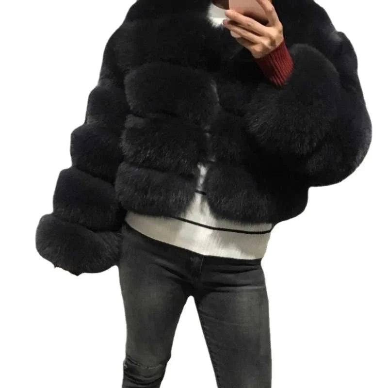Faux Fur Women Coats Solid Round Neck Full Sleeve Coat Thick Warm Fox Short Open Stitch Elegant Splice Autumn Winter 2024