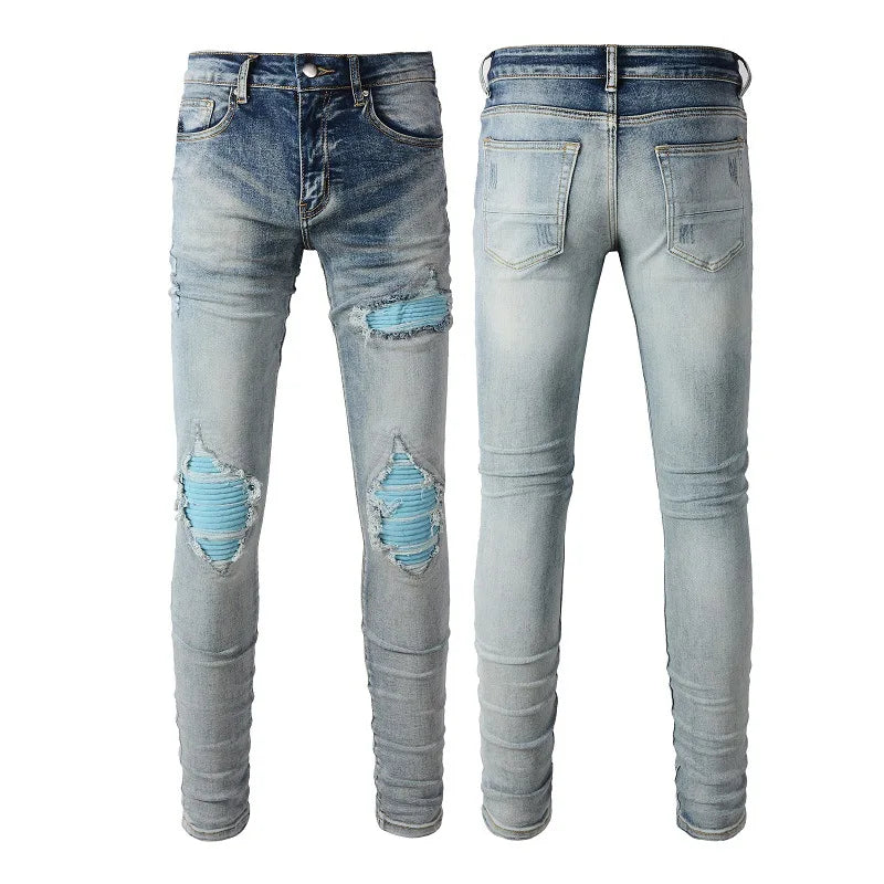 High Street European and American Streetwear. New Men's Eye-catching Blue Patched Slim-fit Jeans with Holes for 2024.