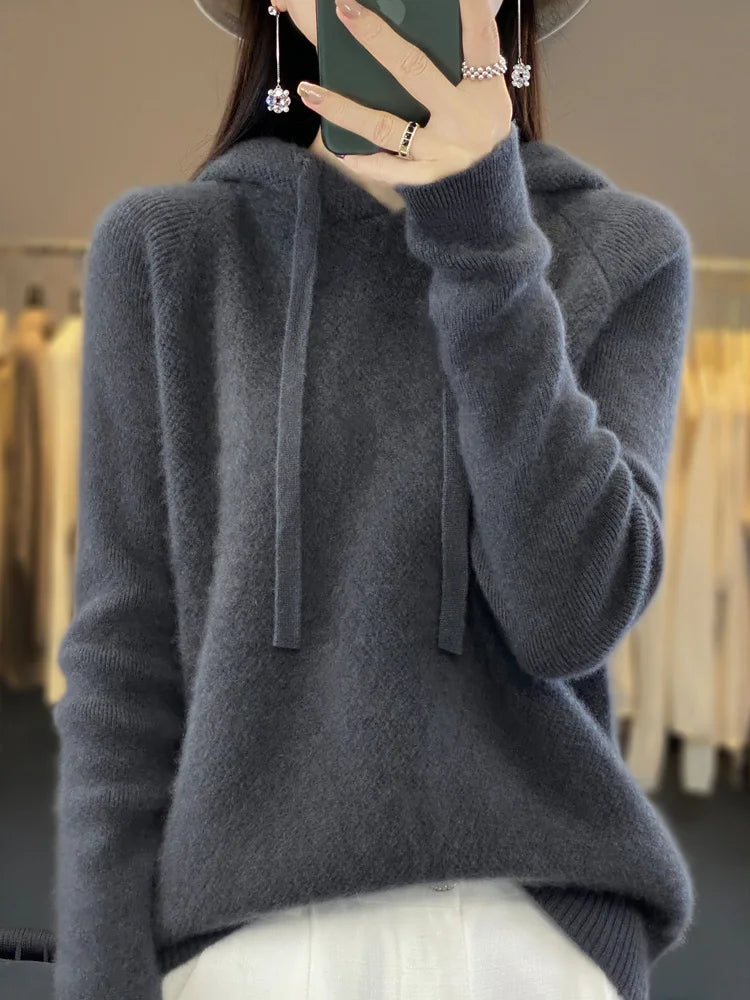 Autumn Winter Women's Cashmere Hooded Pullover Thick Sweater Raglan Sleeve 100% Merino Wool Knitwear Warm Casual Comfortable Top