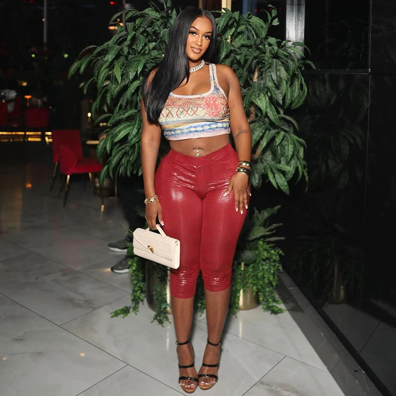 CUTENOVA Sexy Snake Print Solid Color Glossy Elastic High-Waisted Seven-Minute Casual Pants Summer New Women'S Clothing