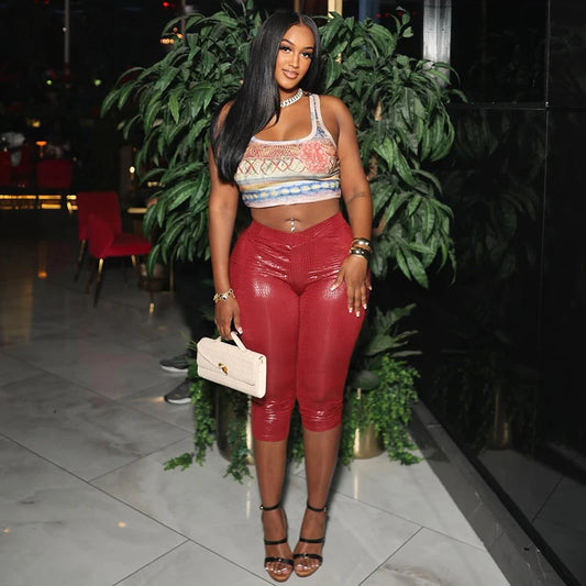 CUTENOVA Sexy Snake Print Solid Color Glossy Elastic High-Waisted Seven-Minute Casual Pants Summer New Women'S Clothing