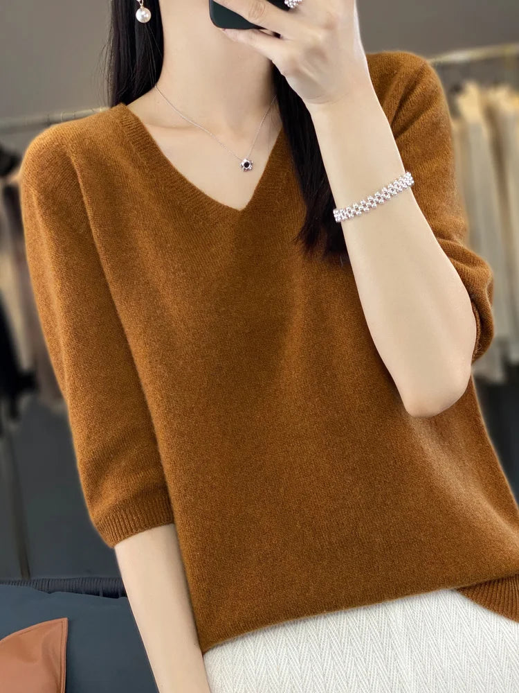 Women V-Neck 100% Merino Wool Cashmere T-shirt Half-Sleeve Pullover Sweater Spring Summer Knitwear Soft Fashion Comfortable Tops