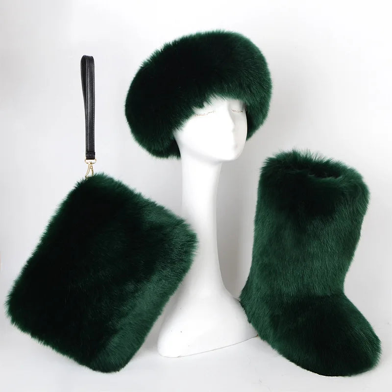 Women High Quality Fur Snow Boots One Fur Plus Velvet Thick Plus Size Snow Boots Headband Clutch Bag Imitation Fox Fur Boots Set