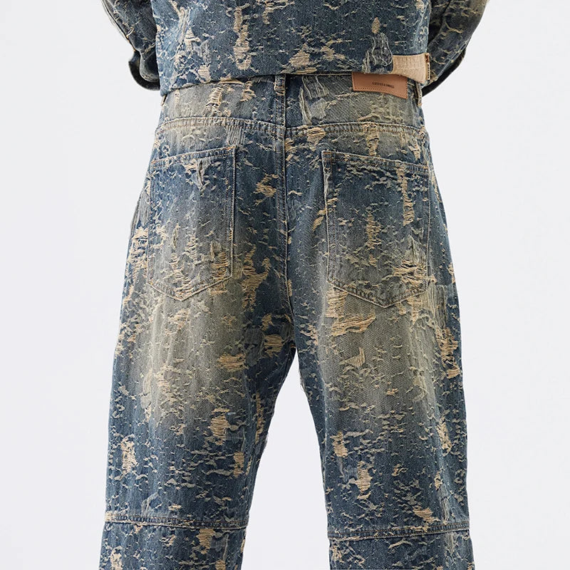 American High Street Denim Sets Men's Jacquard Ragged Loose Casual Plus Size Retro Washed Denim Shirt Style Jacket Jeans Pants