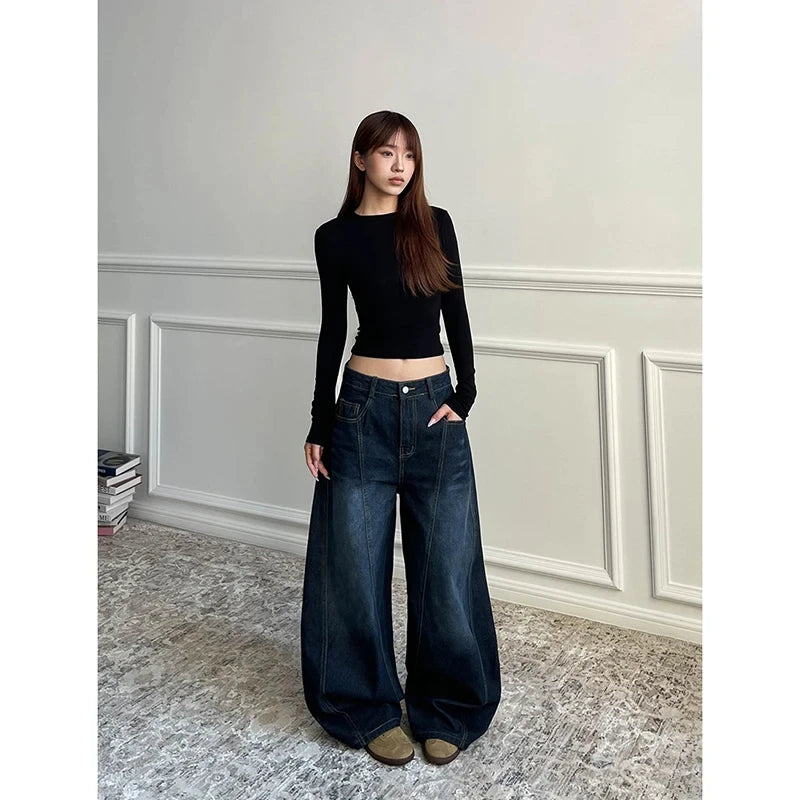 Dark Blue Retro Wide Leg Loose Denim Pants Y2K 2000s Women's High Waist Baggy Jeans Summer Korean Plus Size Women Clothes