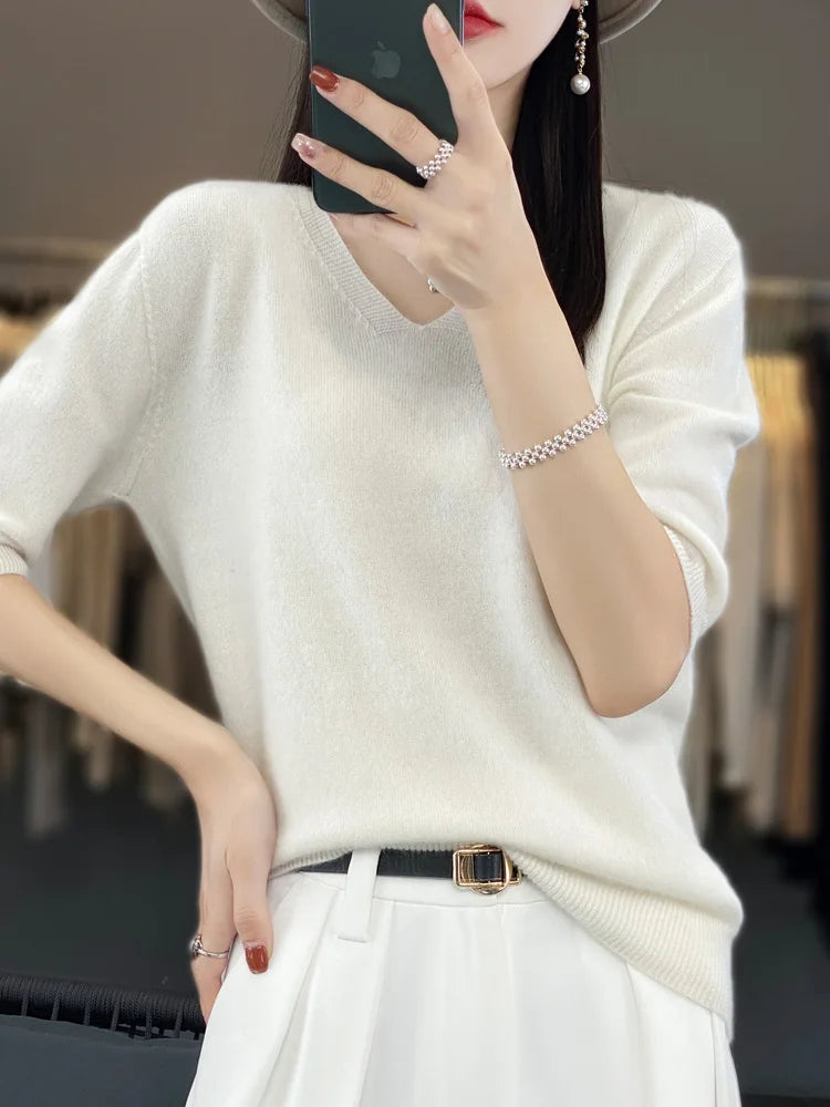 Women V-Neck 100% Merino Wool Cashmere T-shirt Half-Sleeve Pullover Sweater Spring Summer Knitwear Soft Fashion Comfortable Tops