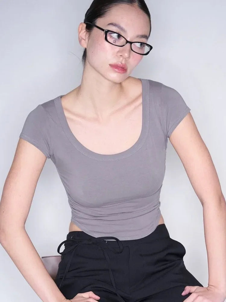Summer Fashion New Solid Color Shirts For Women One-Piece Sexy Casual Short Women Clothing Slim Round Neck Short sleeve Y2k Top
