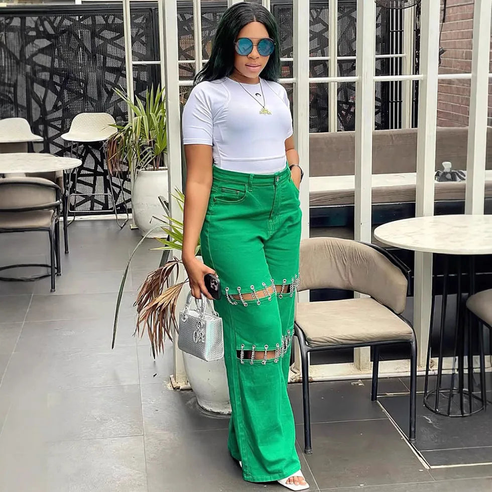 New Casual Empty Nail and Chain Stitching Jeans. Women's Spring Summer Fashion Solid-colored Loose High-waisted Wide-leg Jeans