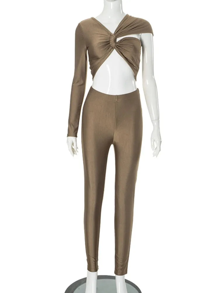 Joskaa Women 2 Piece Sets Sexy Single Sleeve Cutout Crop Tops and Pants Matching Autumn Active Fitness Tracksuits Streetwear