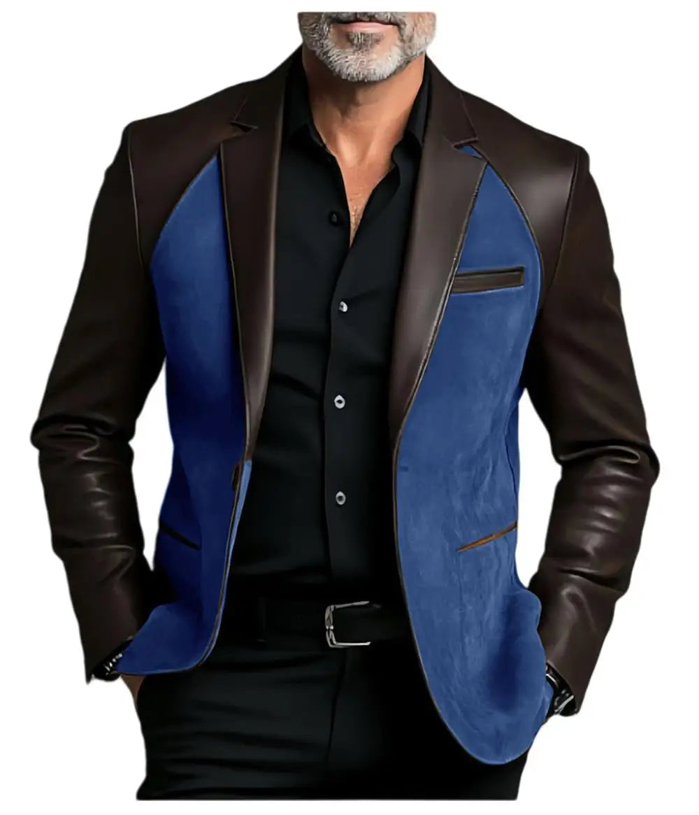 2025 NEW Leather Patchwork Velvet Men's Jacket Fashionable retro casual Brown Blazers man plus size custom suit Leather Coat