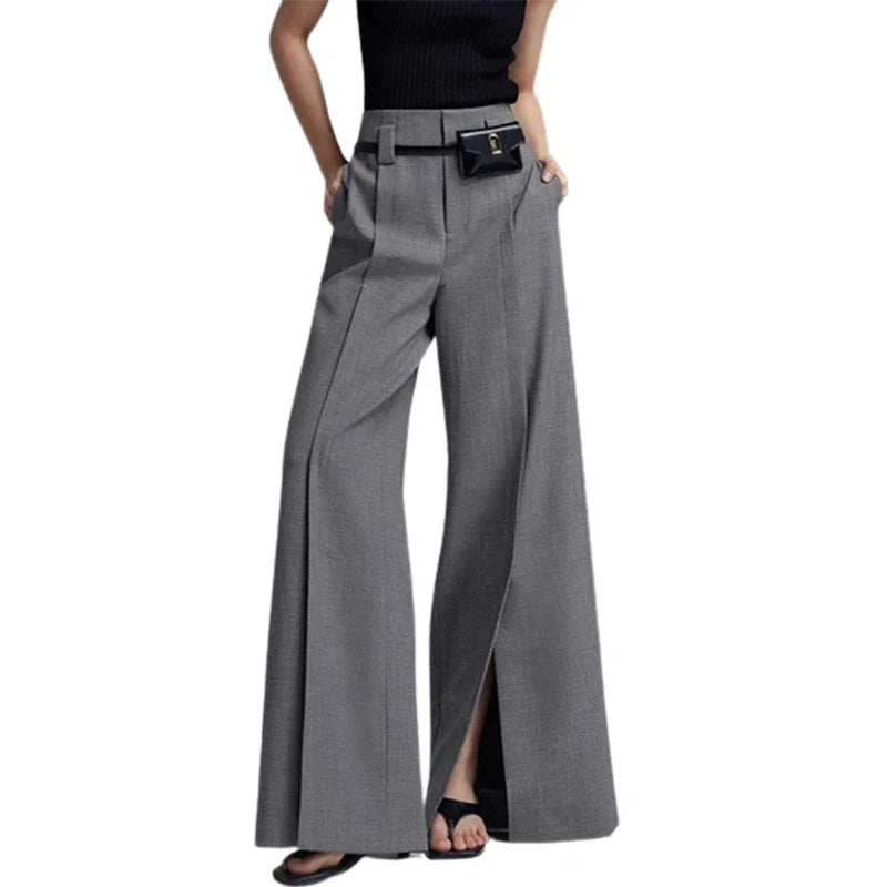 Yeezzi Urban Female Business Suit Pants 2025 New Fashion Black White Loose Straight Pant High-Waist Pleated Split-Front Trousers