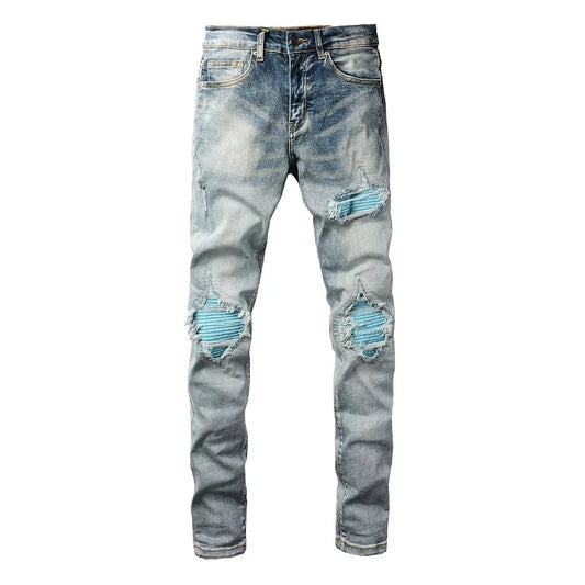 High Street European and American Streetwear. New Men's Eye-catching Blue Patched Slim-fit Jeans with Holes for 2024.