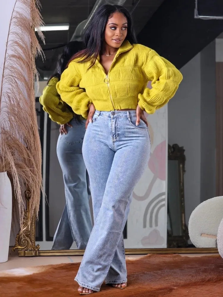 Joskaa Knit Ribbed Lapel Lantern Long Sleeve Cardigan Women Fashion Slim Sweater Coat 2024 Casual Outwear Vintage Streetwear