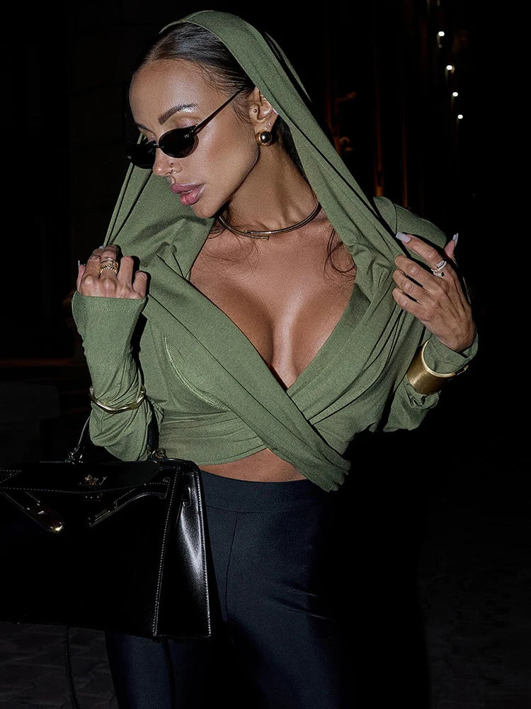 Nibber Ruched Sexy Hooded T-Shirts Woman Cross V-Neck Full Sleeve Navel Exposed Skinny Stretch Hot Girls High Street Style Tops