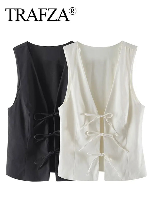 TRAFZA Women Fashion Lace Up Vest V Neck Sleeveless Top Y2k Vintage Solid 2024 Female Summer Sexy Party Tank Tops