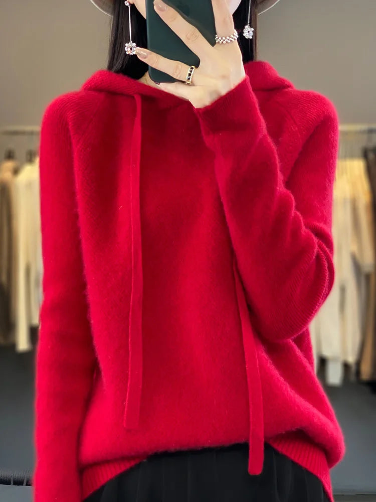 Autumn Winter Women's Cashmere Hooded Pullover Thick Sweater Raglan Sleeve 100% Merino Wool Knitwear Warm Casual Comfortable Top