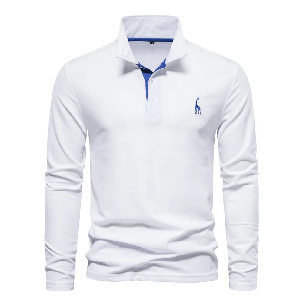 AIOPESON 2023 New Men's Deer Embroidery Polo Shirts Solid Color Long Sleeve Social Business Male