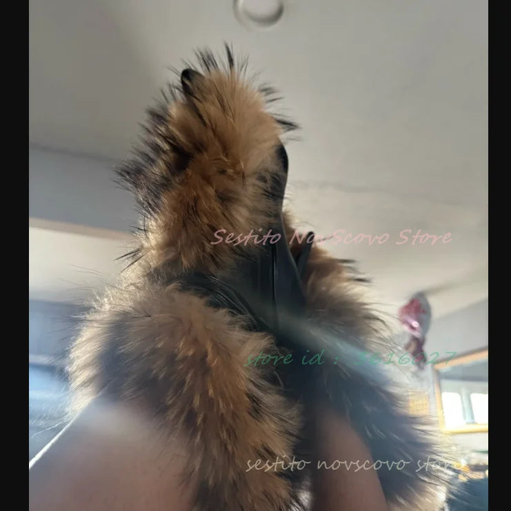 Pointed Toe Fur Mid Calf Boots Stiletto Heels Ankle Straps Fashion Warm Shoes In Winter Solid Plush Sexy Party Dress Shoes