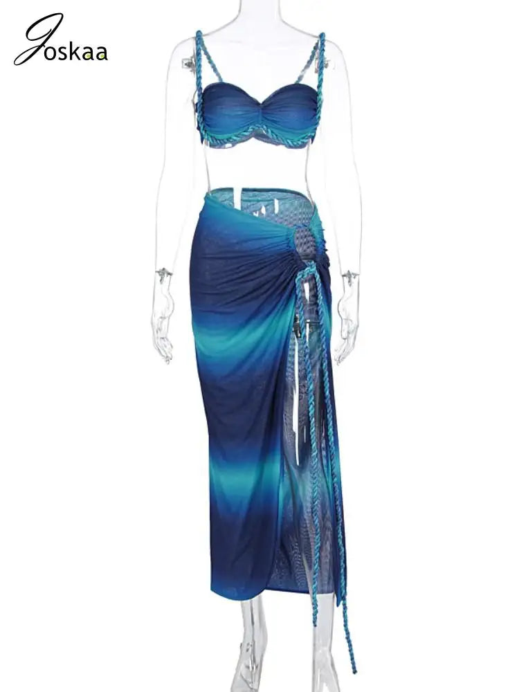 Joskaa 2025 Summer Women's Beach Style Two Piece Set Sexy Pleated Crop Camis and High Slit Maxi Skirt Matching Vacation Outfits