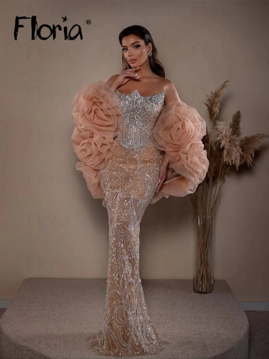 Champagne Strapless Flower Cloak Prom Dresses Beading Elegant 2025 Formal Occasion Gown Mermaid Cocktail Dress Customized