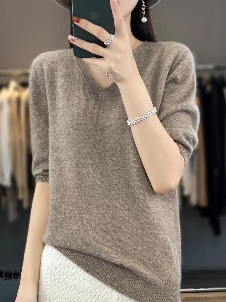 Women V-Neck 100% Merino Wool Cashmere T-shirt Half-Sleeve Pullover Sweater Spring Summer Knitwear Soft Fashion Comfortable Tops