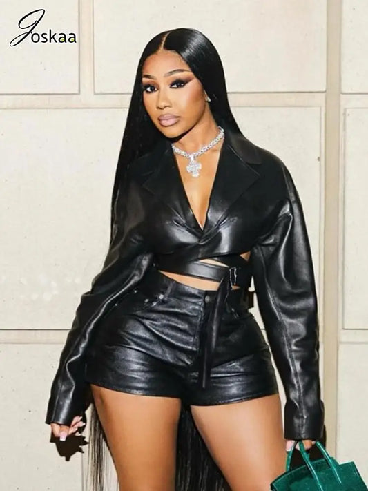 Joskaa PU Leather Black 2 Piece Set Women Hipster Sexy V-Neck Long Sleeve Crop Top and Shorts Matching Party Clubwear Streetwear