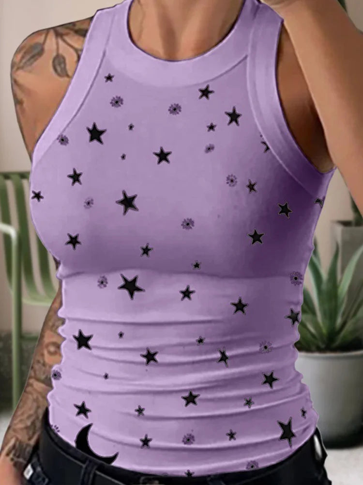 Summer Basic Elastic Tank Top Digital Printing T-shirt Women's O Neck Racerback Sexy Tank Top Stripe Print Sleeveless Tank Top