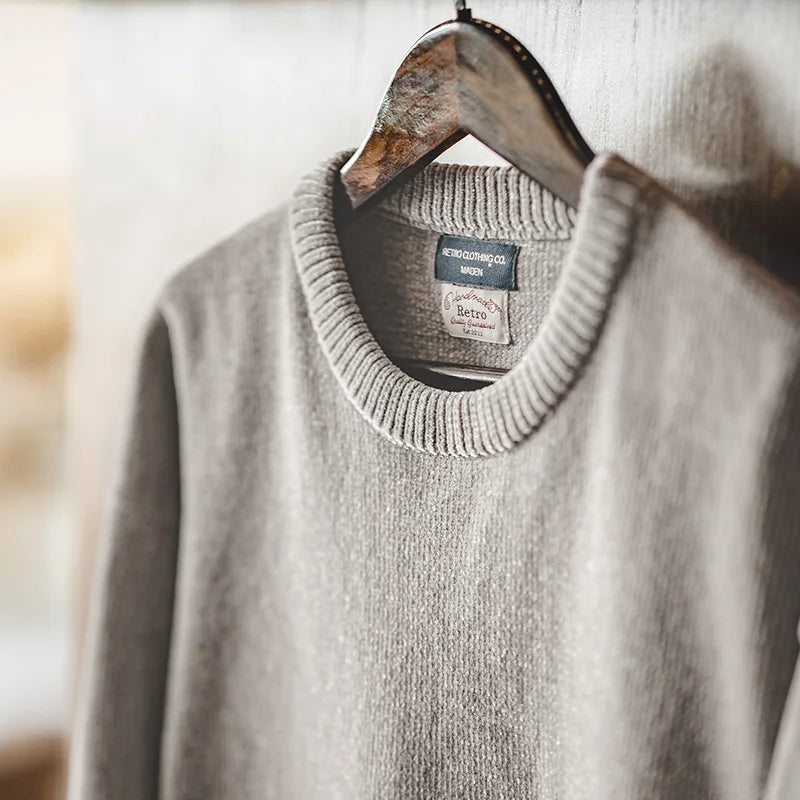 Maden Casual Chenille Round Neck Sweater for Men Warm Skin-friendly Beige Knitwear Autumn Winter Basic Solid Color Soft Sweater