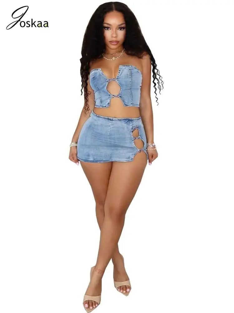 Joskaa Stretch Denim 2 Piece Sets Women Sexy Cutout Tube Tops and Split Mini Hip Skirts Matching Streetwear Party Club Outfits