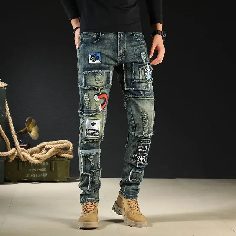 Tight Pipe Skinny Trousers Man Cowboy Pants Slim Fit Jeans for Men with Print Pockets High Quality Harajuku Korean Style Soft Xs