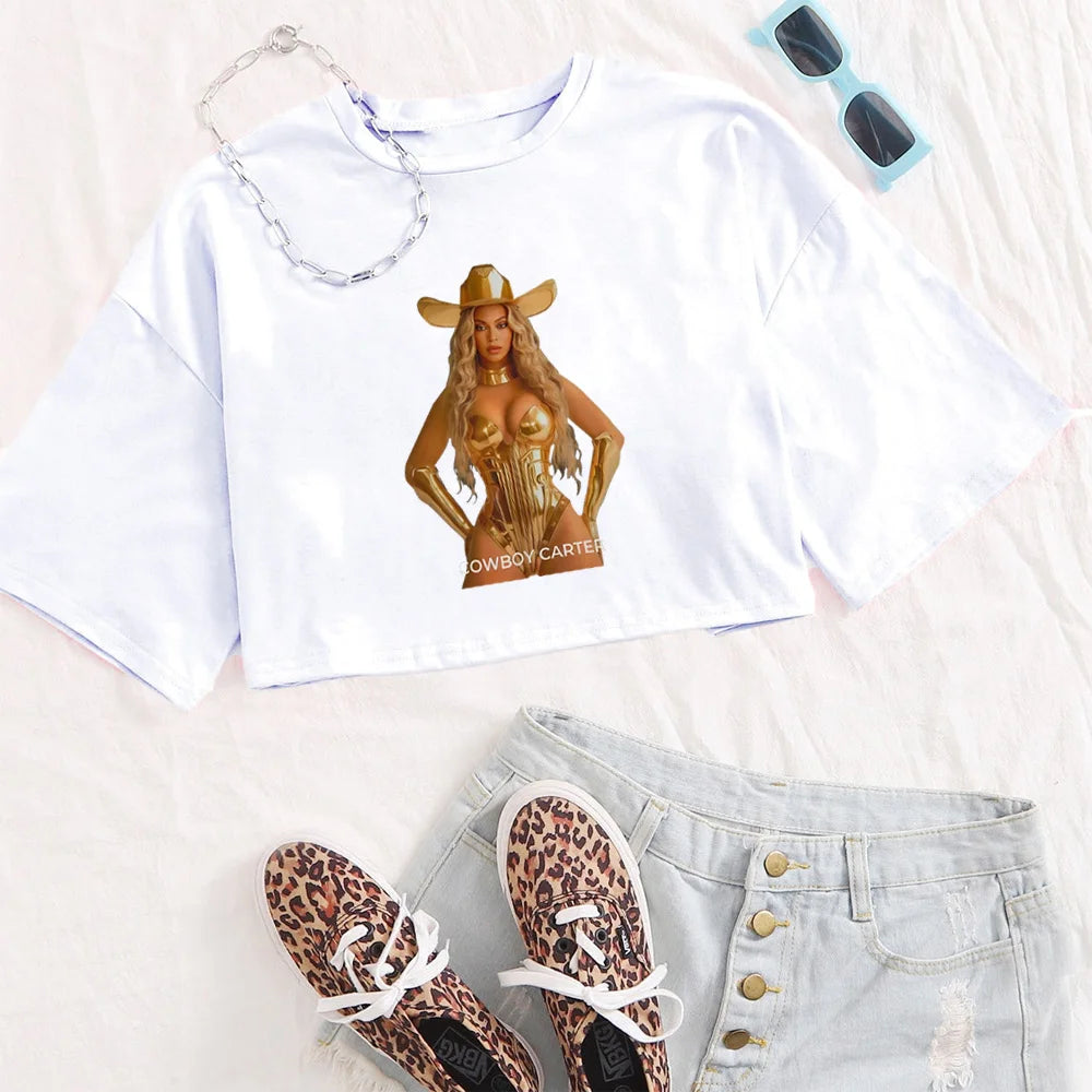 Beyonce Cowboy Carter Act Shirt for Girls Fashion O-Neck Casual Women Y2K Crop Top