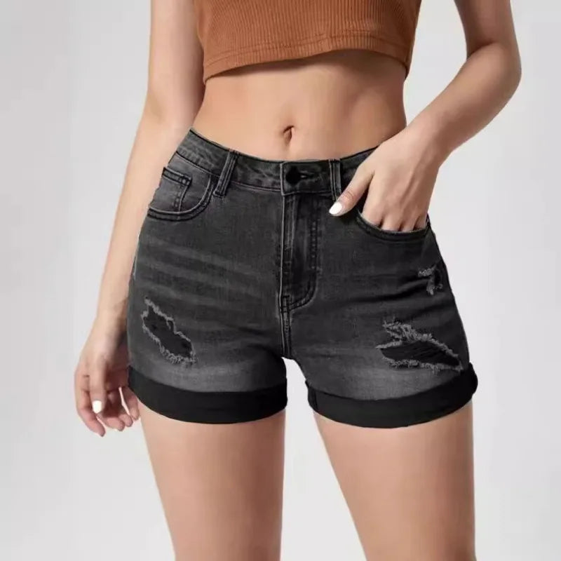 2025 Fashionable Ripped Rolled High Stretch Denim Shorts High Waist Black Tight Casual Hot Pants Women's Three-point Pants