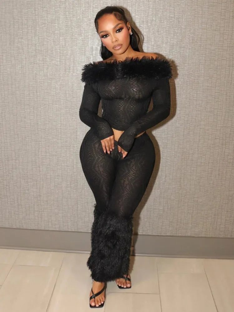 Joskaa Faux Fur Black 2Piece Sets Womens Outfits Sexy Off Shoulder Full Sleeve Crop Tops and Pants Matching 2025 Party Clubwear