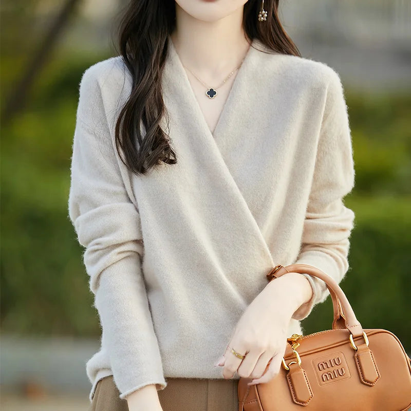 100% Merino Wool Knitwear Women's V-Neck Pullover Sweater Autumn Winter Female Grace Soft Clothes Long Sleeve Warm Fashion Tops