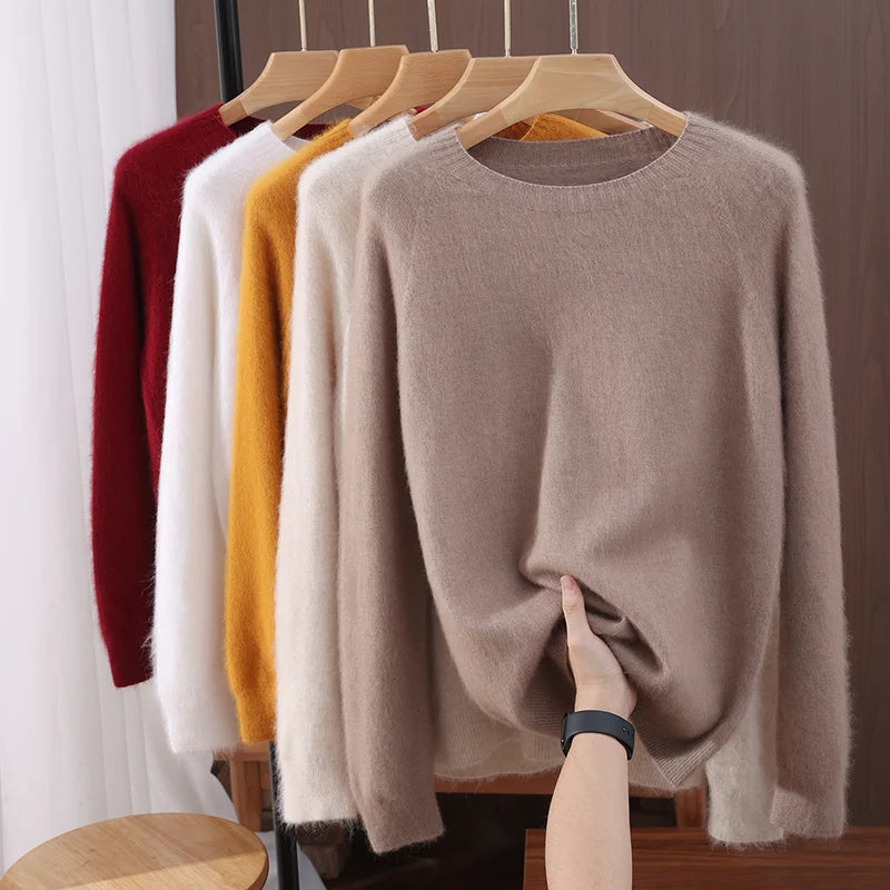 Autumn Winter Women's Solid Color 100% Mink Cashmere Sweater Basics Pullover Skin Friendly Knitwear Soft Warm Female Clothes Top