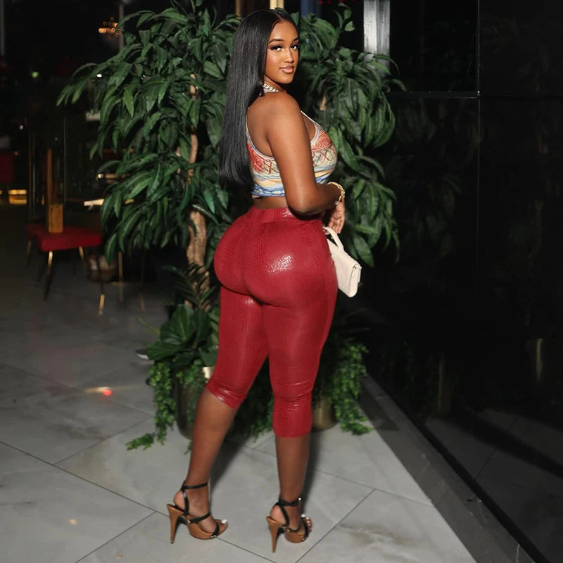 CUTENOVA Sexy Snake Print Solid Color Glossy Elastic High-Waisted Seven-Minute Casual Pants Summer New Women'S Clothing