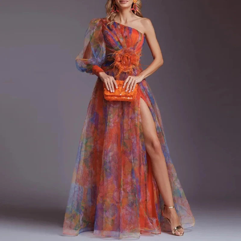 Women Elegant Split Hollow Party Dress Fashion Contrast Print Mesh Maxi Dress Sexy One Shoulder Long Sleeve Irregular Long Dress